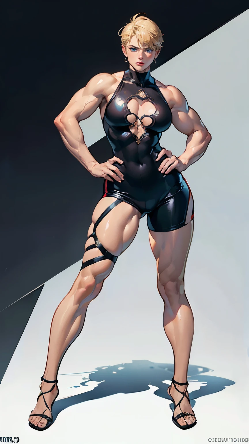 ((masterpiece,best quality,8k,highres)),((character concept art)), 1 female, middle-age adult female, bodybuild trainer, wrestler, 185 cm height, (extreme short buzz cut hairstyle), tomboy hairstyle, (blonde hair colour), ultra finely detailed eyes (blue eyes colour), extraordinary charming, serious face, extreme muscular body build ((burly)), ((intricate detail)), super finely detailed hands, ultra finely detailed fingers(((ten fingers))), sleeveless wrestling tops (black outfit colour), short pants (standing still), (full body showcase), (show full body), (no logos on background), (no logo), ((plain background)), ((plain background)), (((empty background)))