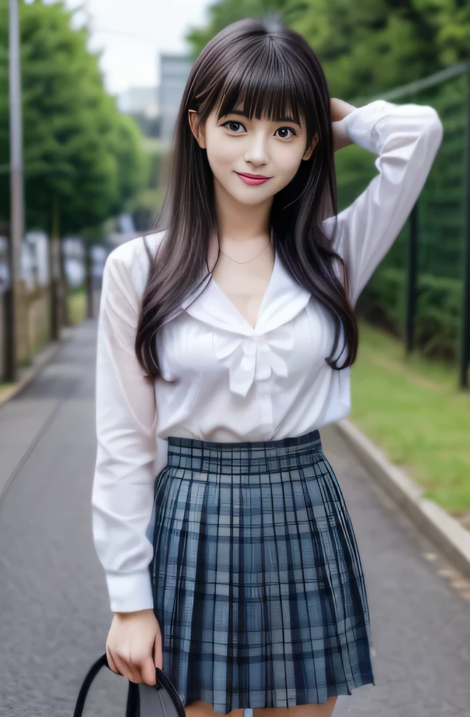 woman posing for photo, japanese model model, 20-year-old female model, 4K、bangss、A dark-haired、bobhair、Middle hair、Straight hair、(Navy Plaid Pleated Skirt:1.2), (Super cute face in idol style:1.2)、slim and beautiful figure、beutiful breast、美しい脚、太もも、(赤スポーツブラ:1.4)、NSFWではない、、身体は視聴者の方を向く、詳細な写真、