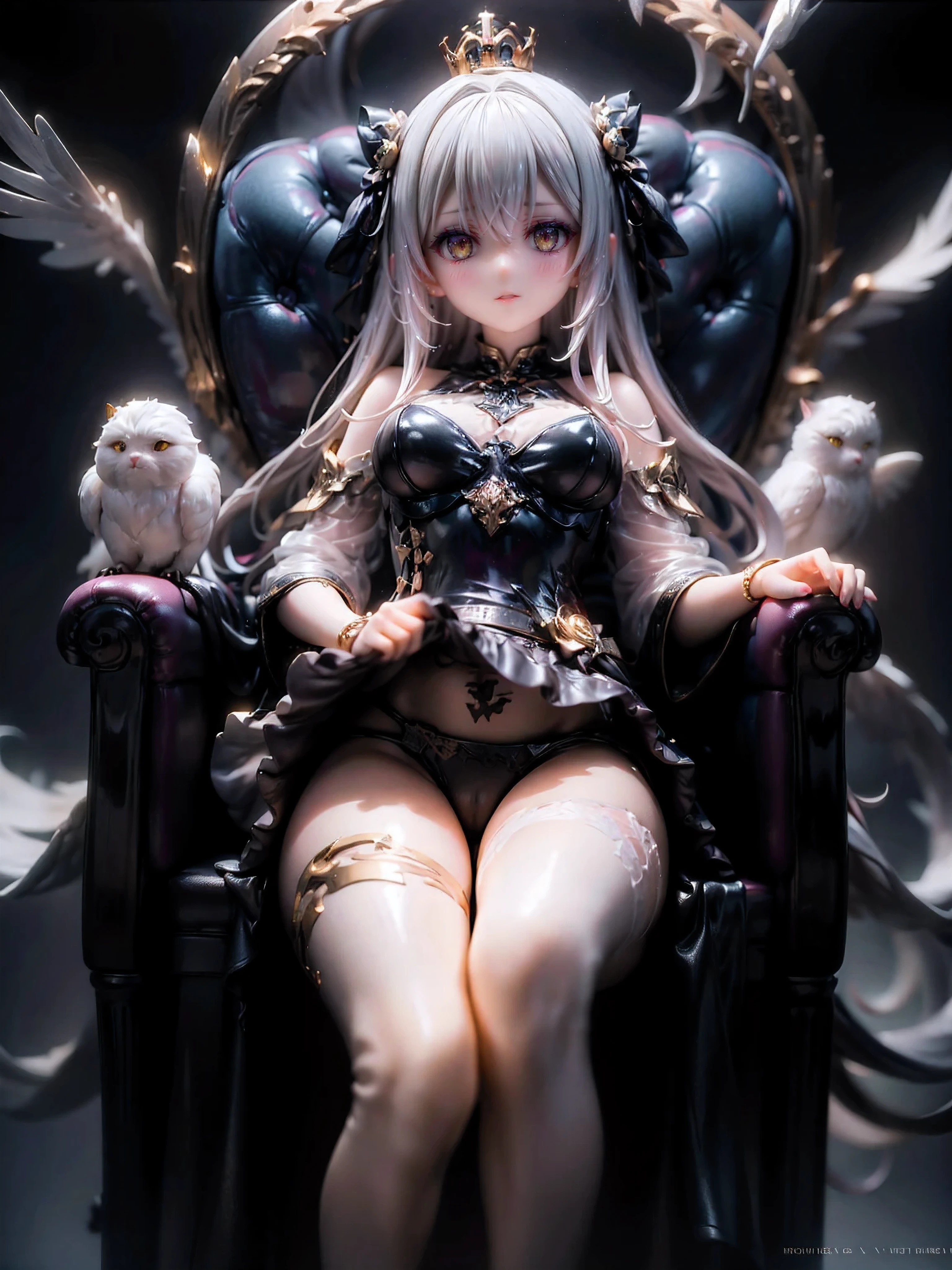 (Masterpiece:1.2), best quality, (illustration:1.2), (ultra-detailed), hyper details, (delicate detailed), (intricate details), (cinematic light, best quality Backlights), clear line, from below, solo female, perfect body, (1girl), white hair, glowing yellow eyes, (emperor, black see-through clothes),(crown:1.1), sitting on Throne, slightly close eyes, looking downward, turn head, ( shy:1.2), ((makeup)), high contrast, (best illumination, an extremely delicate and beautiful), ((cinematic light)), colorful,