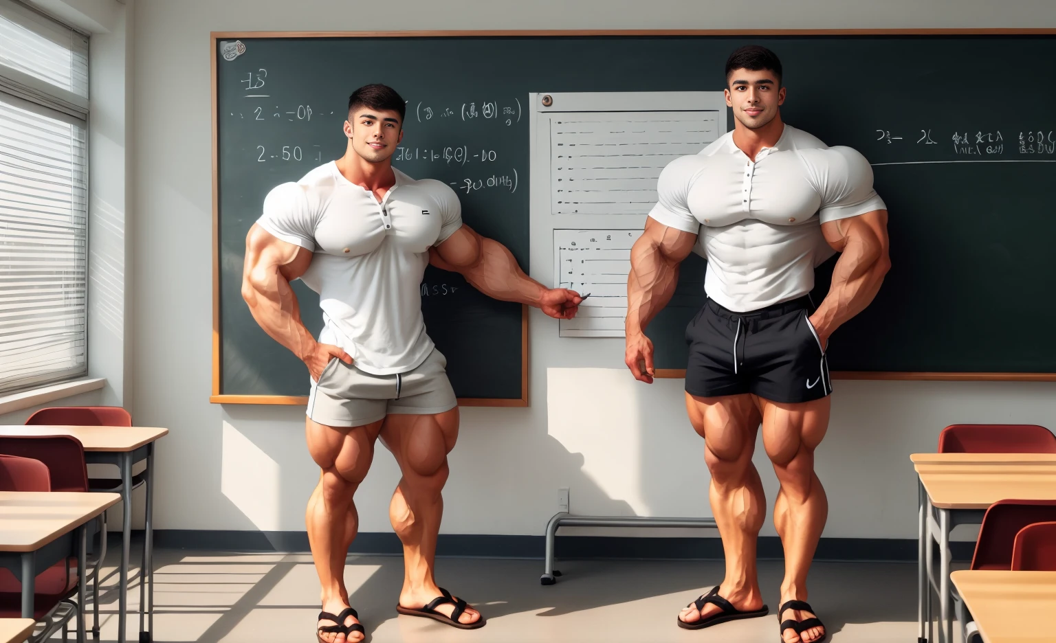 1boy, high************** and a 40 years old teacher showing full body including legs. Muscular student stands two head taller above his slim and weak teacher. writing on the white board wearing a henley and formal shorts. Model shown in full height from toe to head