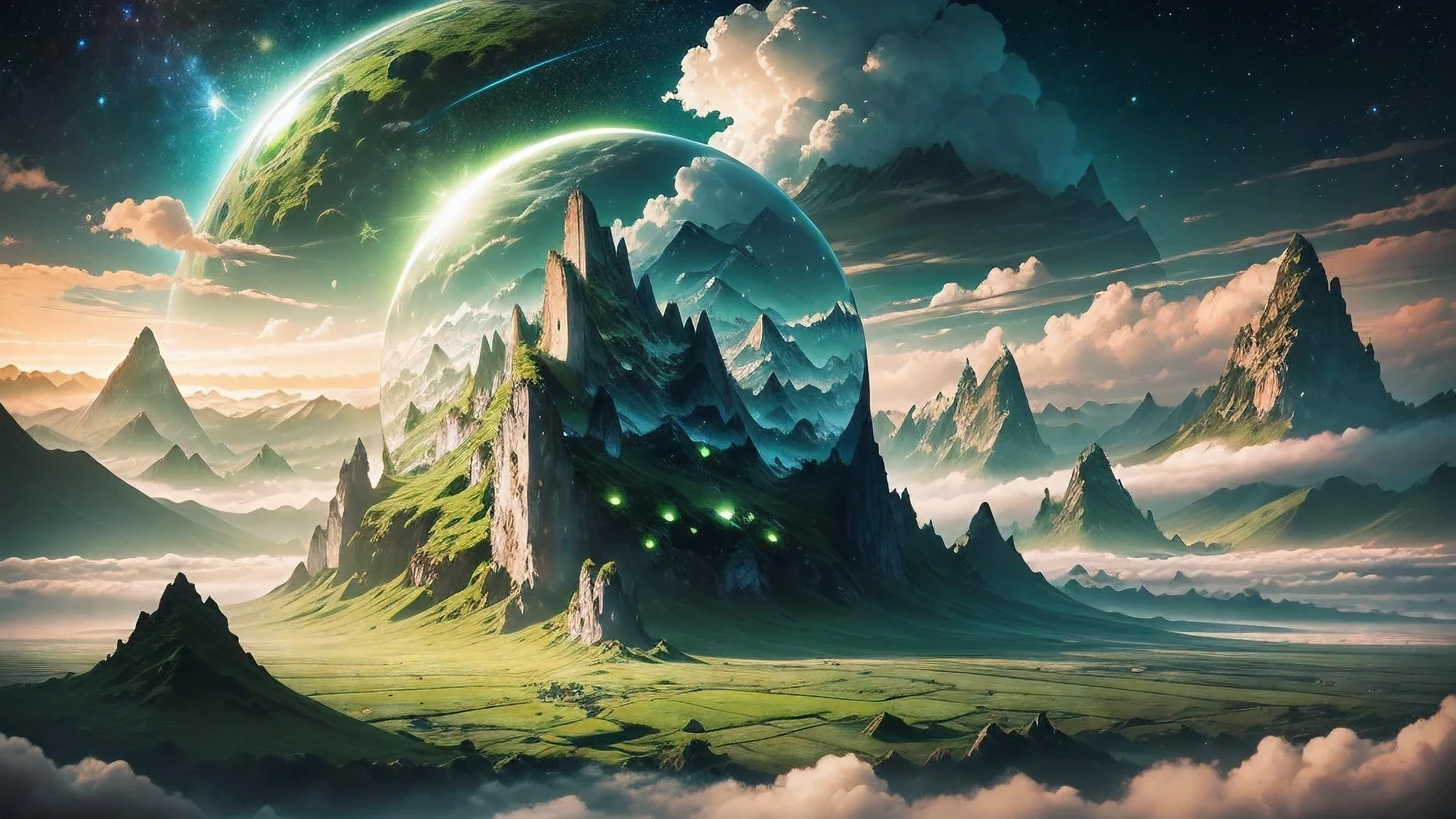 Giant mirror ball floating in space, flash, Sad lost hamster (heavenly green fields，Surrounded by mountains，shrouded in mist:1.3), particles in the air, divinelight, stars in background, complex fractal, detailed, (illustration), masterpiece, high resolution, best quality.