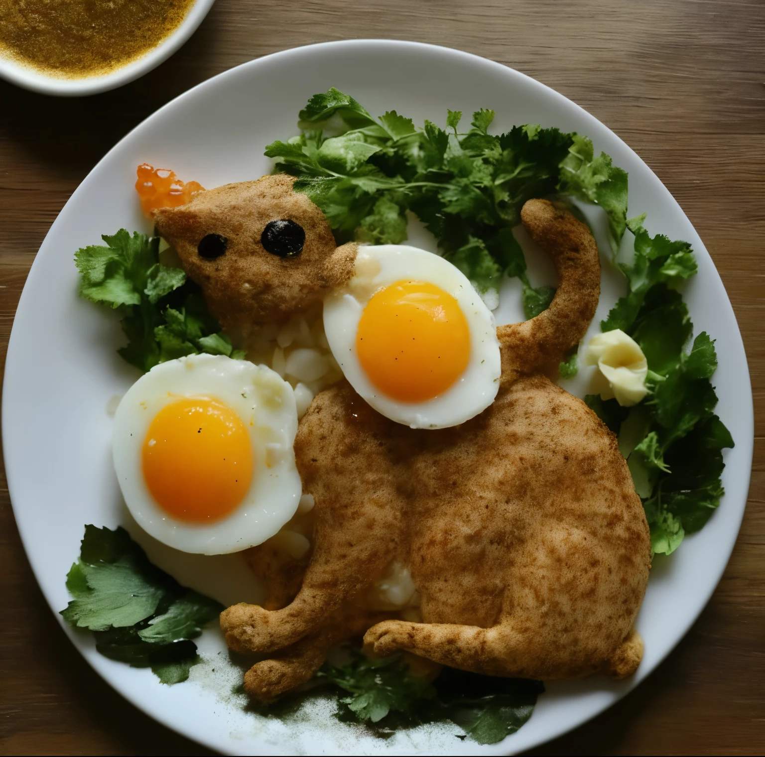highest quality,Highest image quality,masterpiece,4k,8k,There is a plate of food that resembles a cat., Food Art, food, Amazing food illustrations, Great food pictures, inspired by Nishida Shun'ei, inspired by Koson Ohara, inspired by Ohara Koson, inspired by Studio Ghibli, Inspired by Luo Ping,Cat cat,egg、Paste