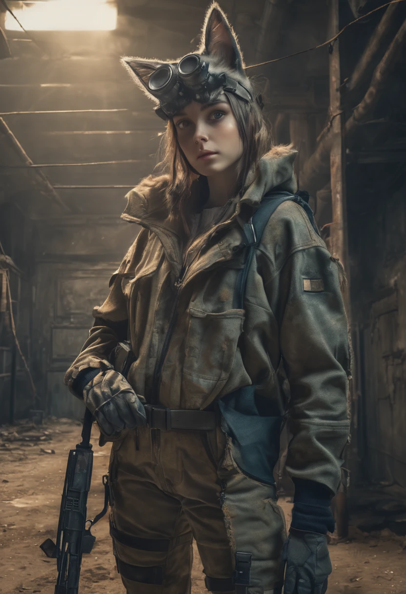 European girl wearing (vaultsuit with pipboy3000 on wrist) standing in a rundown rusty post apocalyptic steel bunker, holding a weapon in her right hand, giant fallout monster in background, professionally color graded, professional photography, well drawn, masterpiece, hyper realistic, ultra detailed, high quality, best quality, 4k, 8k, raw, detailed and realistic eyes, petite, 13 years old, loli)) ((wearing long leather gloves cover all her fingers)), , wearing cats ears, highly detailed, vibrant,8k Ultra HD