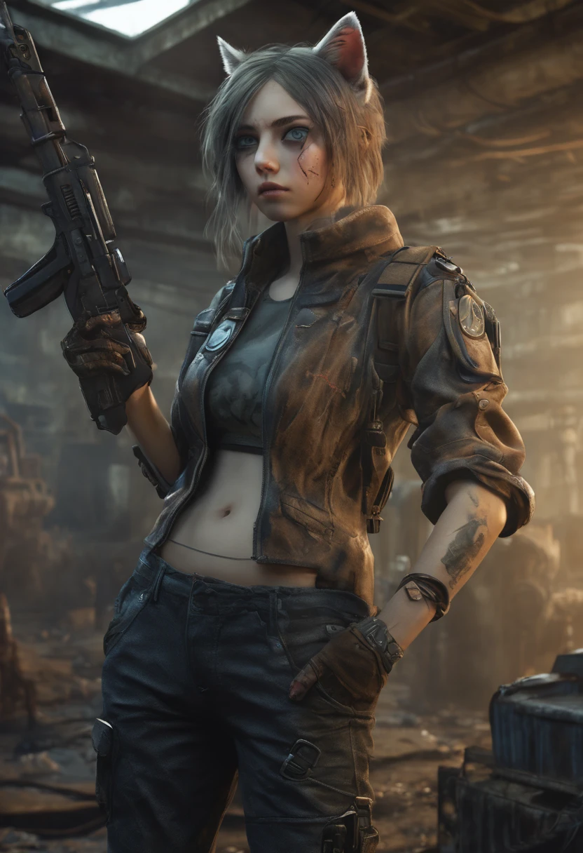 European girl wearing (vaultsuit with pipboy3000 on wrist) standing in a rundown rusty post apocalyptic steel bunker, holding a weapon in her right hand, giant fallout monster in background, professionally color graded, professional photography, well drawn, masterpiece, hyper realistic, ultra detailed, high quality, best quality, 4k, 8k, raw, detailed and realistic eyes, petite, , loli)) ((weang long leather gloves cover all her fingers)), , wearing cats ears, highly detailed, vibrant,8k Ultra HD