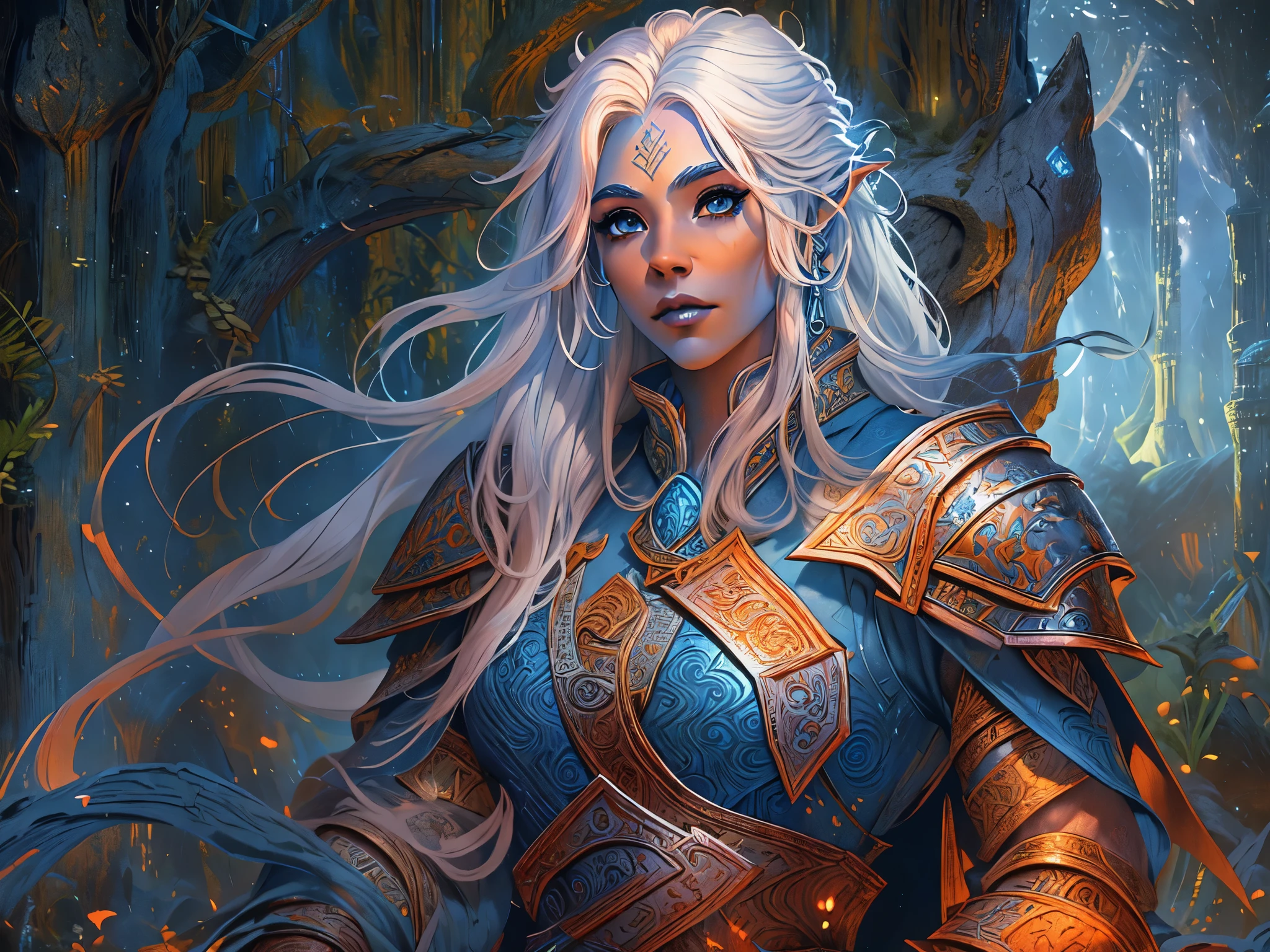 fantasy art, dnd art, RPG art, wide shot, (masterpiece: 1.4) portrait, intense details, highly detailed, photorealistic, best quality, highres, portrait a vedalken female (fantasy art, Masterpiece, best quality: 1.3) ((blue skin: 1.5)), intense details facial details, exquisite beauty, (fantasy art, Masterpiece, best quality) cleric, (blue colored skin: 1.5) 1person blue_skin, blue skinned female, (white hair: 1.3), long hair, intense green eye, fantasy art, Masterpiece, best quality) armed a fiery sword red fire, wearing heavy (white: 1.3) half plate mail armor, wearing high heeled laced boots, wearing an(orange :1.3) cloak, wearing glowing holy symbol GlowingRunes_yellow, within fantasy temple background, reflection light, high details, best quality, 16k, [ultra detailed], masterpiece, best quality, (extremely detailed), close up, ultra wide shot, photorealistic, RAW, fantasy art, dnd art, fantasy art, realistic art,