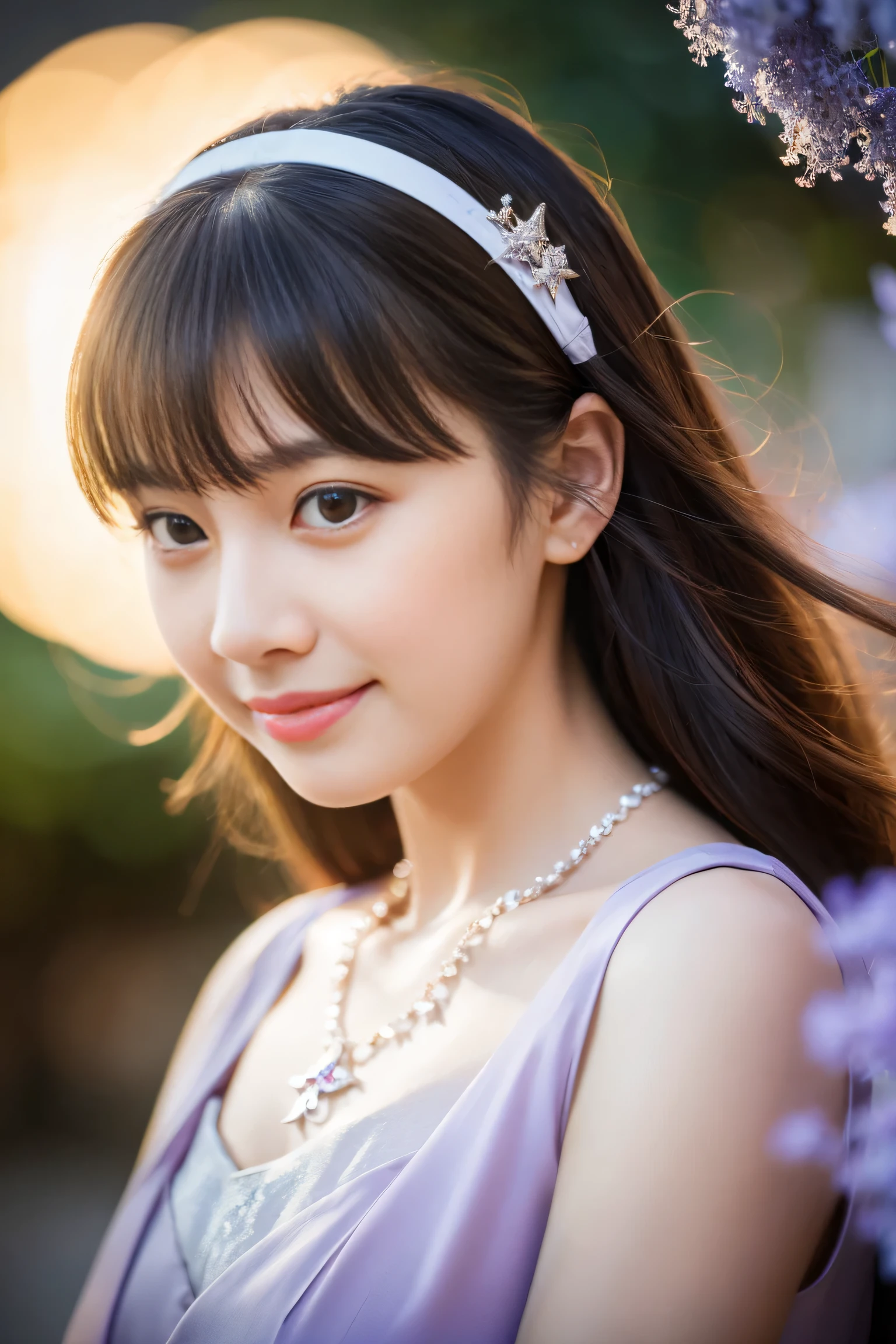 excellent quality, masterpiece, High ResolutiIn addition, 1 girl, blush, (enchanting smile: 0.8), star pupil, Chinese Han-style lilac, hair accessory, necklace, jewelry, beauty, In addition_body, Tyndall effect, realism, Lotus PIn additiond, light edge, Two-tIn additione Lighting, (high detail skin: 1.2), 8K UHD, Digital single-lens reflex camera, soft light, high quality, volume lighting, candid photos, High ResolutiIn addition, 4K, 8K, background bokeh