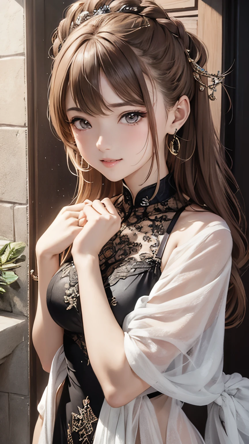 an unparalleled masterpiece、Ultra-realistic 8k CG、perfect artwork、wallpaper、1 Girl Girl Beautiful Girl、solo、chai pao、beautiful face、
hair ornaments、looking at the viewer、put a smile on your face、closed your mouth、chai pao、dress、hair ornaments、headless、jewelry、earrings、Chinese service、Brown hair long hair、◯◯ hairstyle