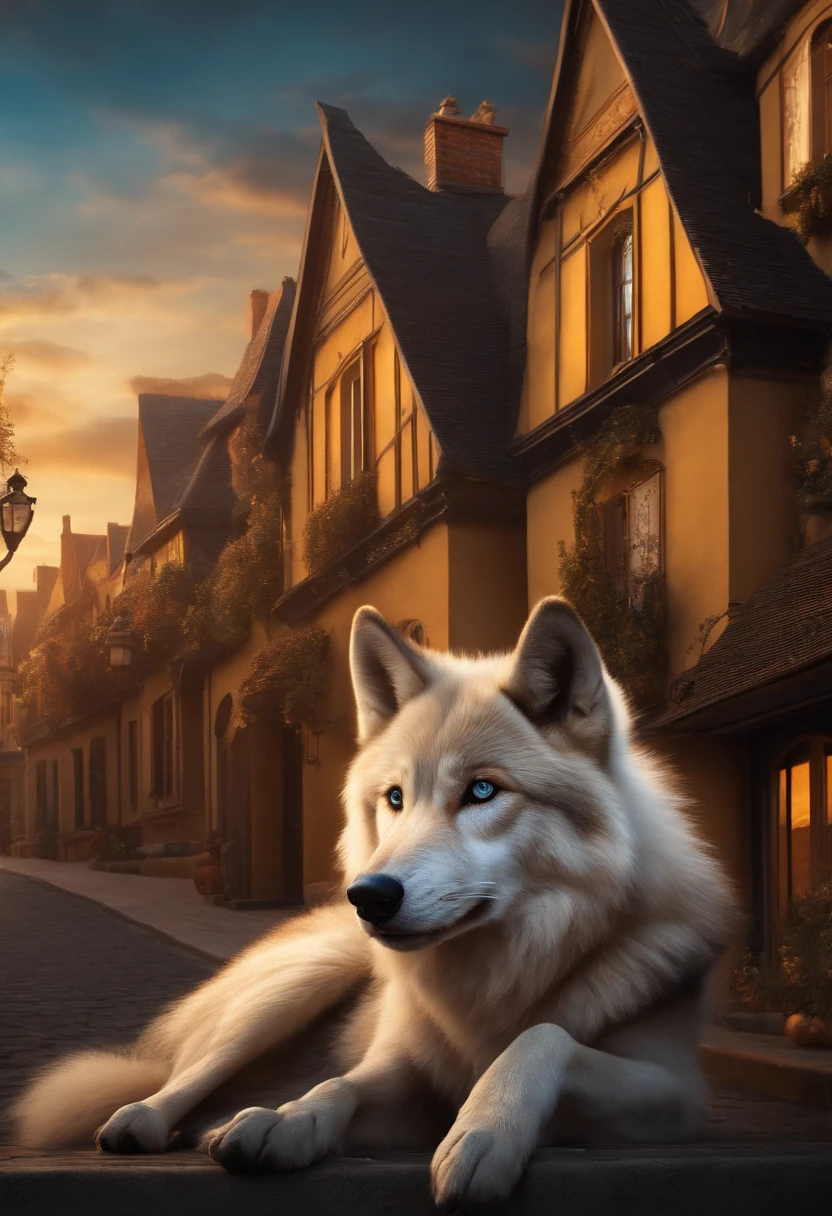 luxurious, a beautiful small wolf with big blue eyes sits against the backdrop of a street with golden houses.
