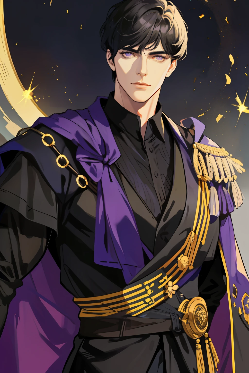 masterpiece, best quality, realistic, 1man, male focus, mature, tall muscular, handsome, [thick eyebrows], extremely detailed face, (black hair), (short hair), (violet eyes), broad shoulders, fantasy, royal, Fantastic light and shadow, magic, magnificent background, court background, emperor, black clothing, gold trimming