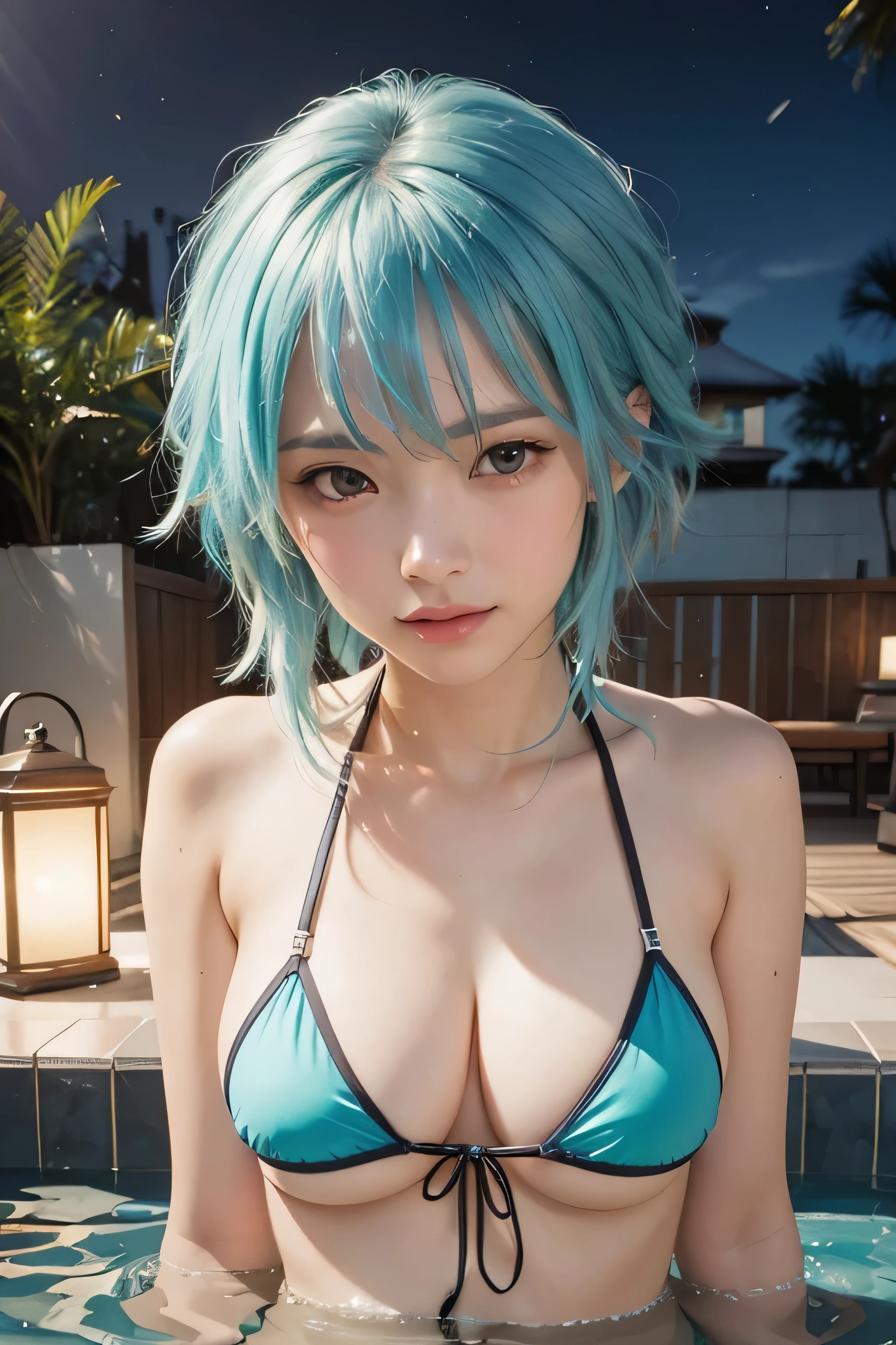 Realistic,masterpiece, best quality, (realistic,photo-realistic:1.4), (RAW photo:1.2),extremely detailed CG unity 8k wallpaper, delicate and beautiful, amazing,finely detail, official art, absurdres, incredibly absurdres, huge filesize, ultra-detailed,extremely detailed eyes and face, light on face,little smile,(cyan hair:1.3),sidelocks,very short,sinon,(wearing bikini:1.4),pool background
