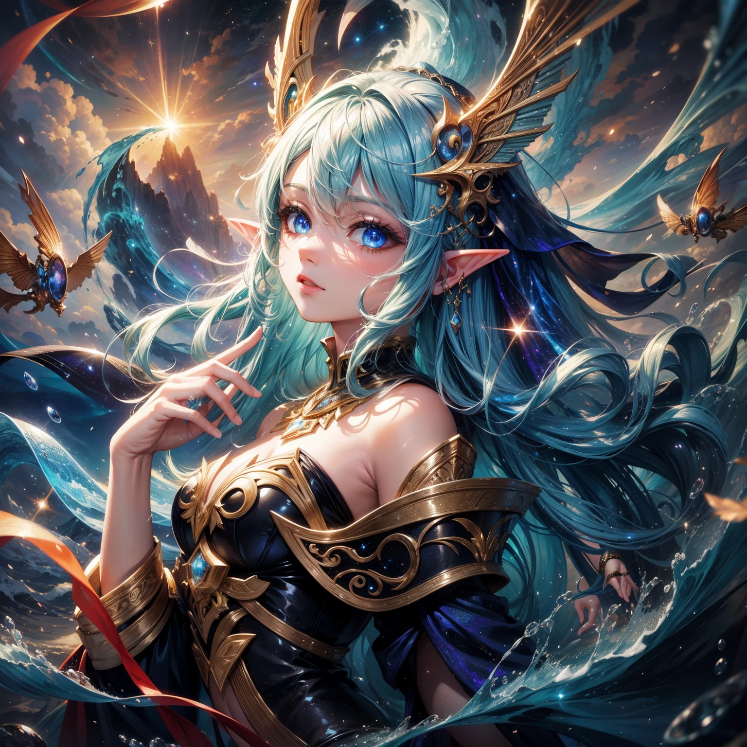 Fantastic fantasy beautiful art, beauty elf with bright galaxy eyes, water waves