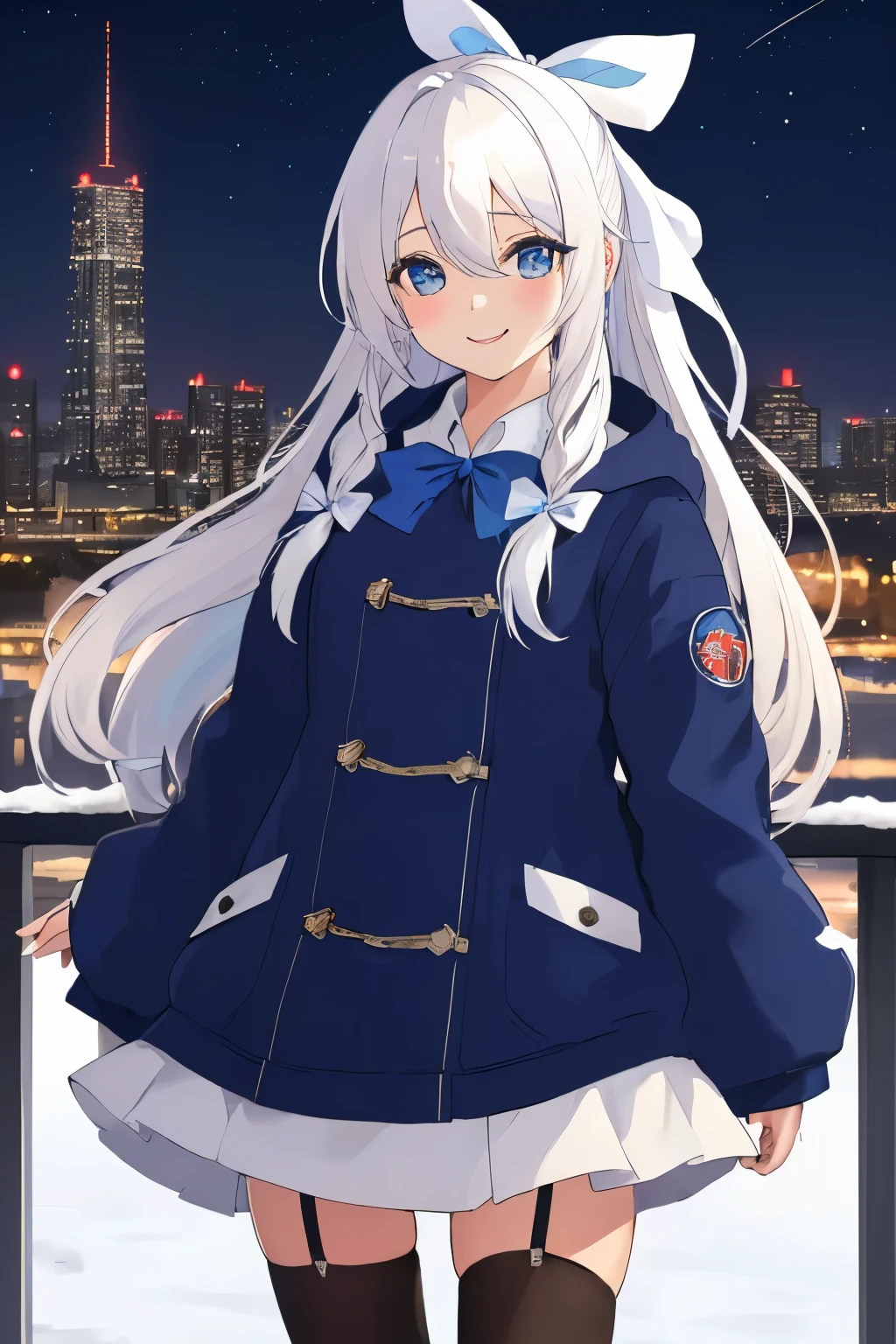 Chica anime, ((Masterpiece), top-quality, Top image quality, ((((solo)))), ((((white hair)))), long hair, ((((blue hairribbon)))), Beautiful blue eyes, Shining eyes, smile, teens girl, 18yo, cute, loose parka, food up, mini skirt, sleeves_past_wrists, night, city, winter, 8k