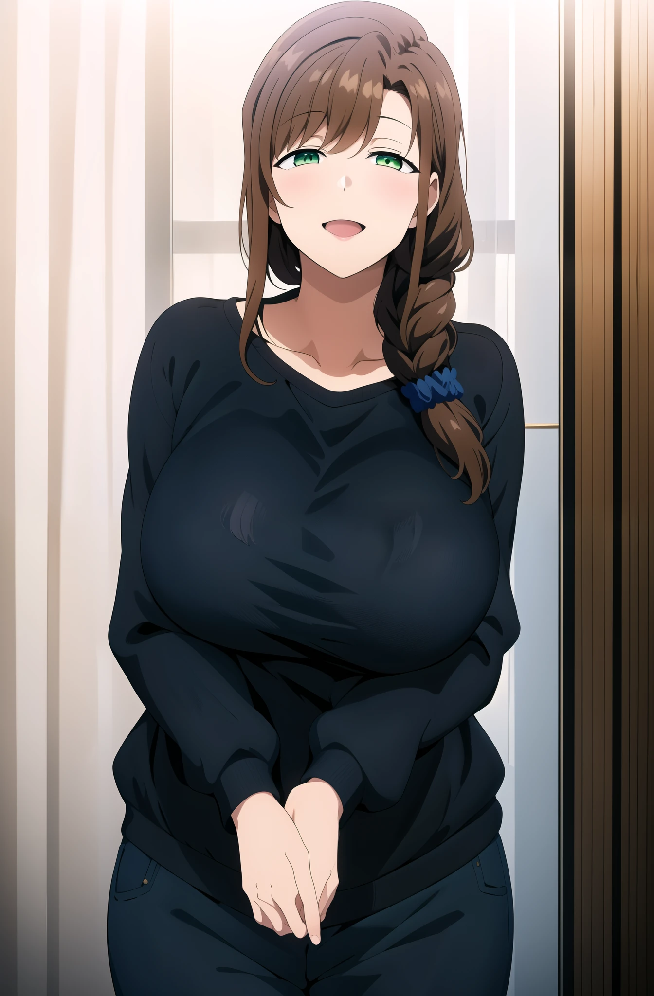 master piece, 1girl, hands together, long hair, looking at viewer, smile, HALF CLOSED EYES, open mouth, large breasts, brown hair, black shirt, long sleeve, loose shirt, hair ornament, green eyes, collarbone, braid, blue pants, (((black SWEATER))), single braid, scrunchie, hair over shoulder, hair scrunchie, mature female, wide hips,,
