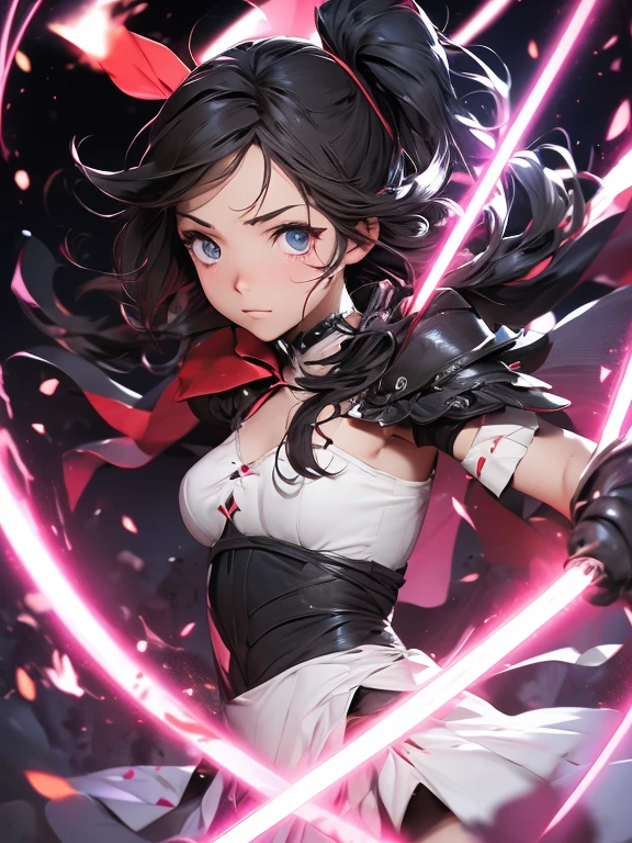 gentle toned magical girl with messy black twintail hair