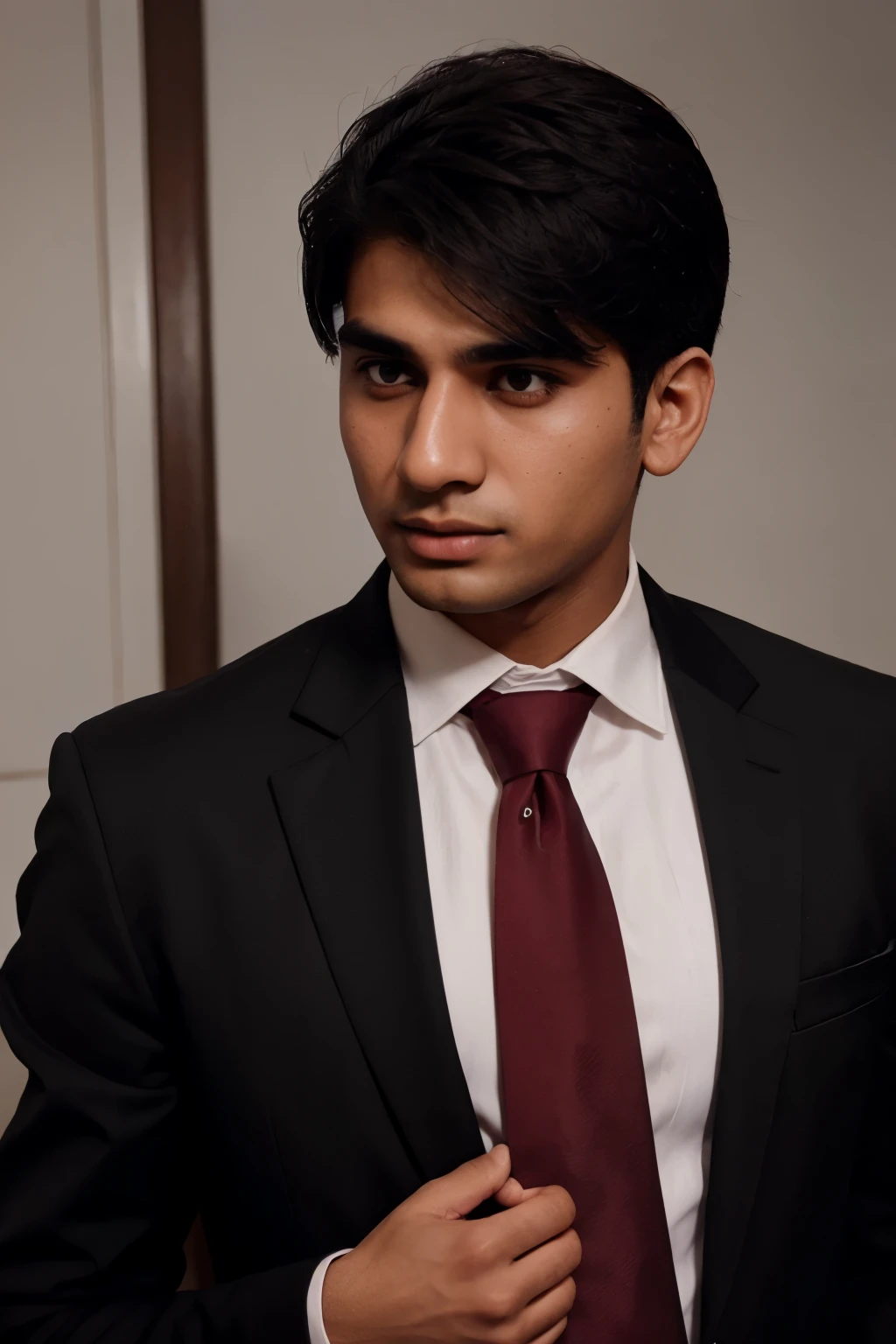 21 year old pakistani boy wearning business suit ( black coat and and white shirt inside and maroon color tie ) close up picture  and front face pose , professional profile picture and  reasilitic human