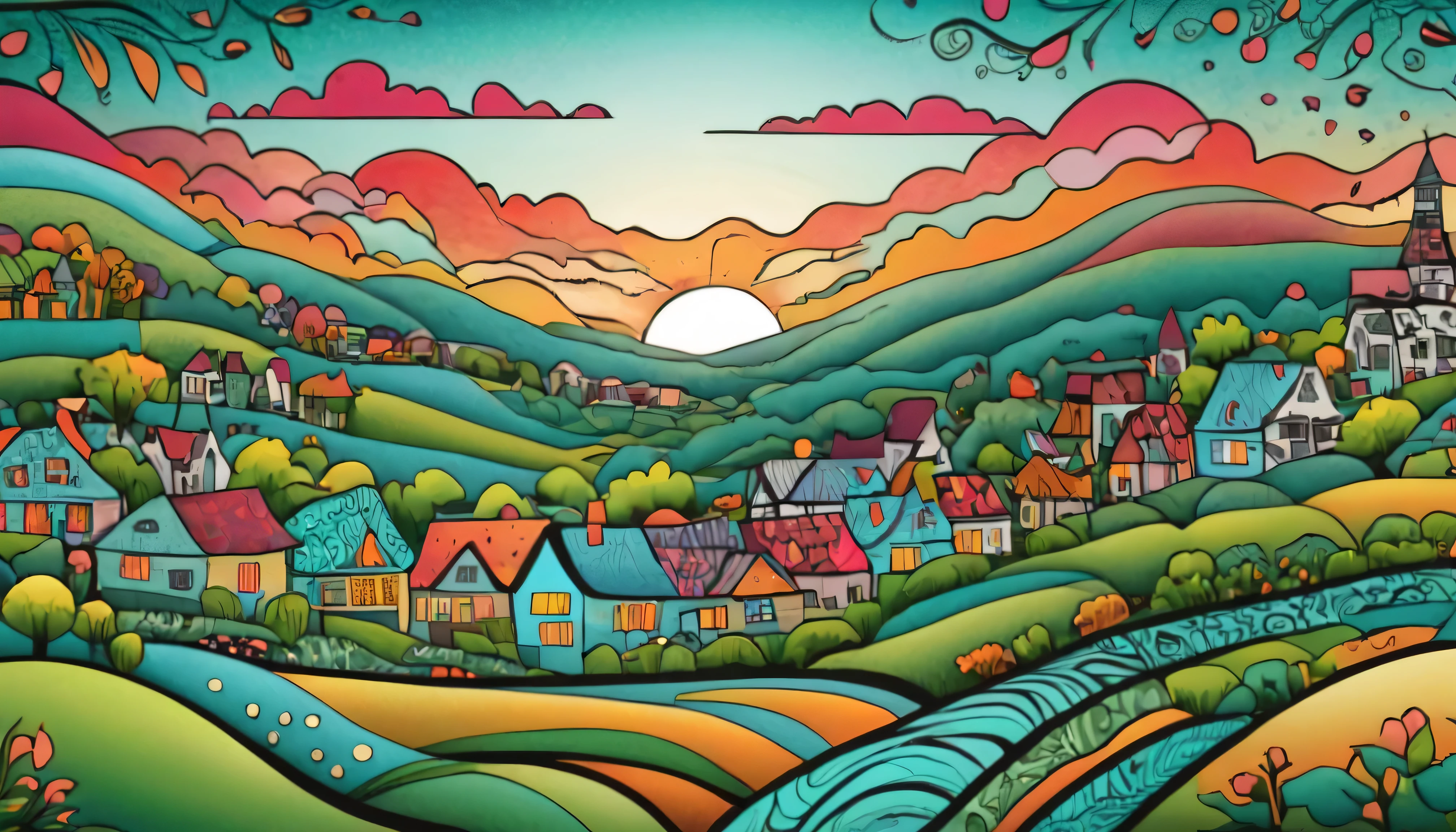 spring town sunset View in a zentangle style.
