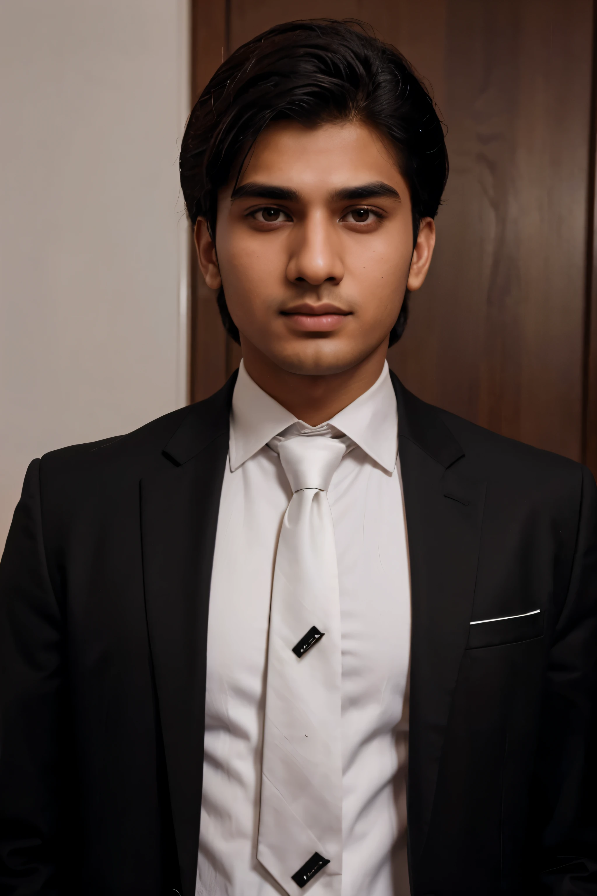 21 year old pakistani boy wearning business suit ( black coat and and white shirt inside and maroon color tie ) close up picture and front pose and eyes & face pointed towards front too , professional profile picture and reasilitic human