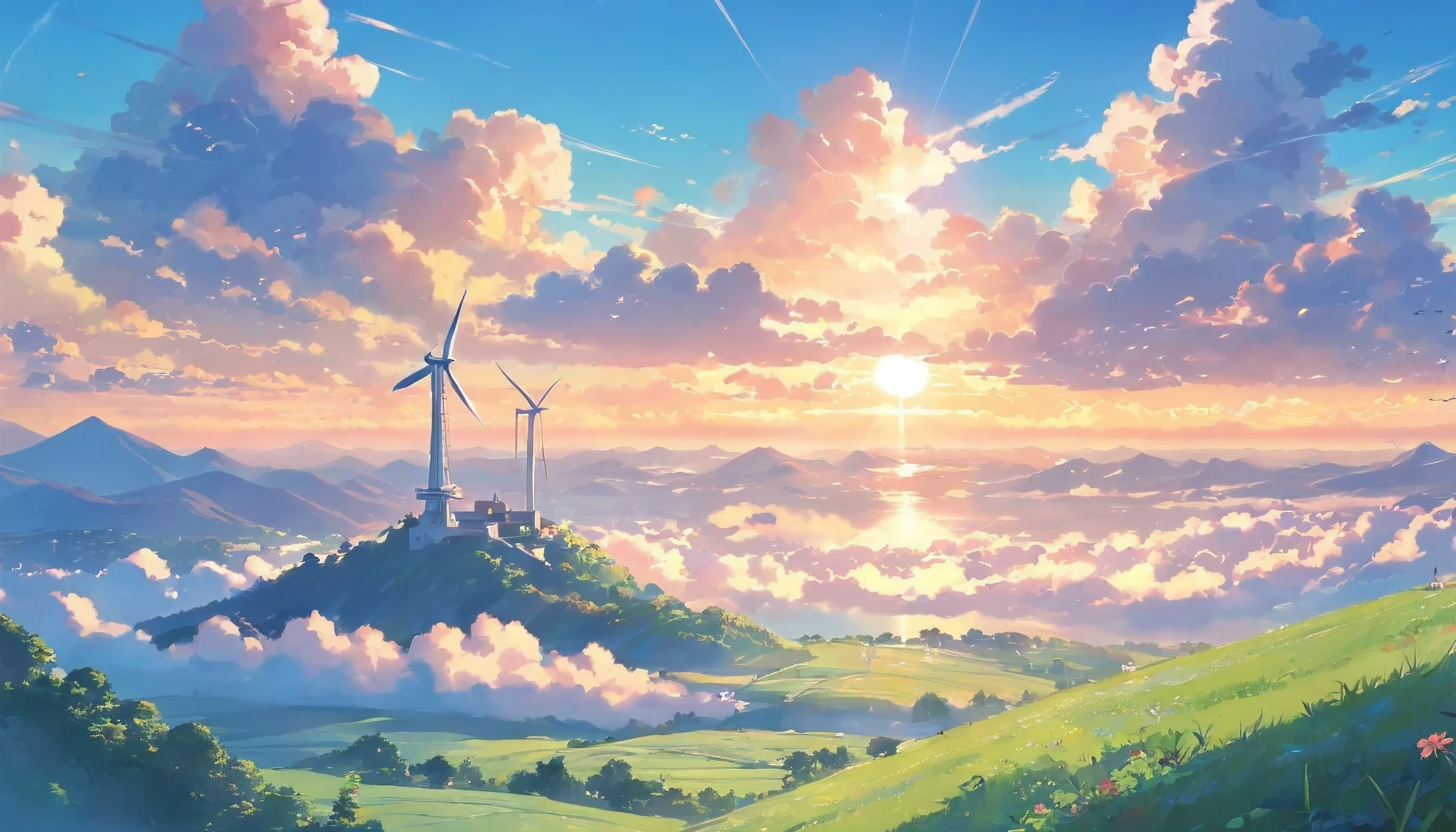 sea of clouds ,sunrise,There are windmills on the vegetated peaks