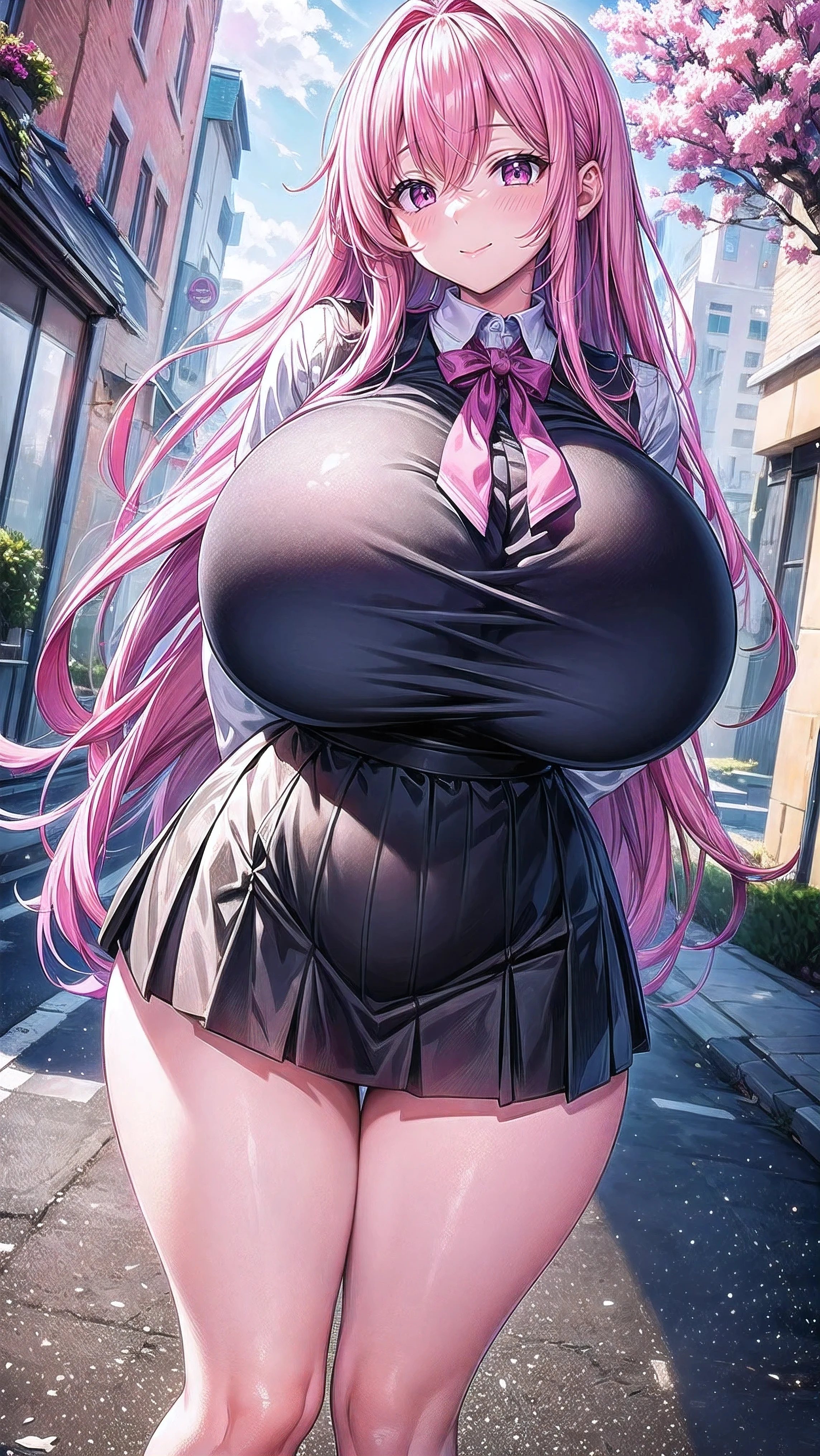 (highly saturated、colorful illustration:1.2)、(long perm hair、pink hair、bright skin:1.2)、(Slender and beautiful legs:1.2)、from below、1 girl, game CG, A girl wearing a schoolgirl uniform, black skirt,put your hands on your hips、In front of school during the day、street tree、very happy smile、(huge breasts:1.6), black eye, dynamic, outside、1 Plump big breasted beauty，Are standing、hair shines，rational movement，（（8K，realistic），（hyper detail，ultra clear，nature，Vibrant cleavage all over the body，heavy chest，slender beautiful legs，stretch the meat
