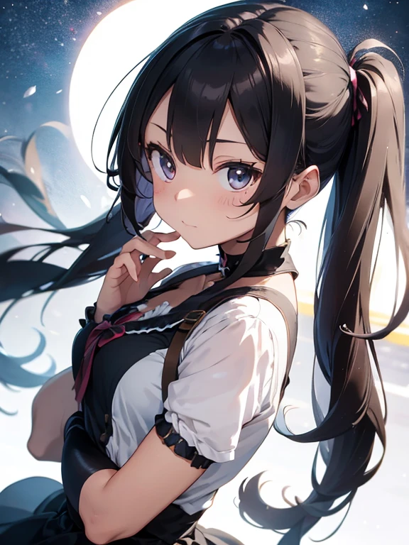 gentle toned magical girl with messy black twintail hair