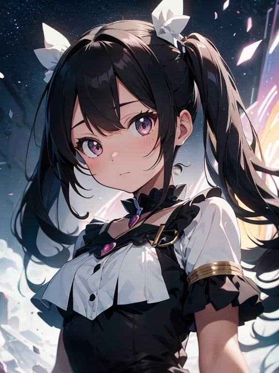 gentle toned magical girl with messy black twintail hair