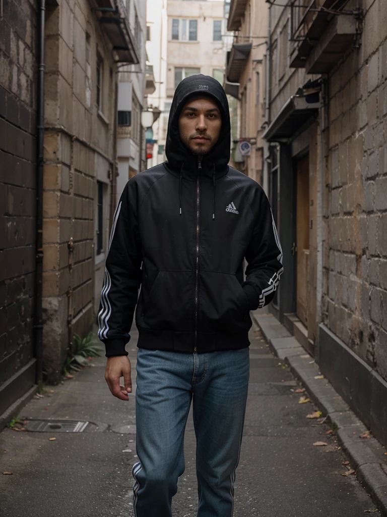 Portrait of a Man, black three hole balaclava, brown eyes, looking at viewer, black adidas tracksuit jacket, gold neckchain, black fingerless gloves, black jeans, holding smoking glock in right hand, holding lit cigarette, dark alley, brass knuckles on left hand, wearing white yeezys