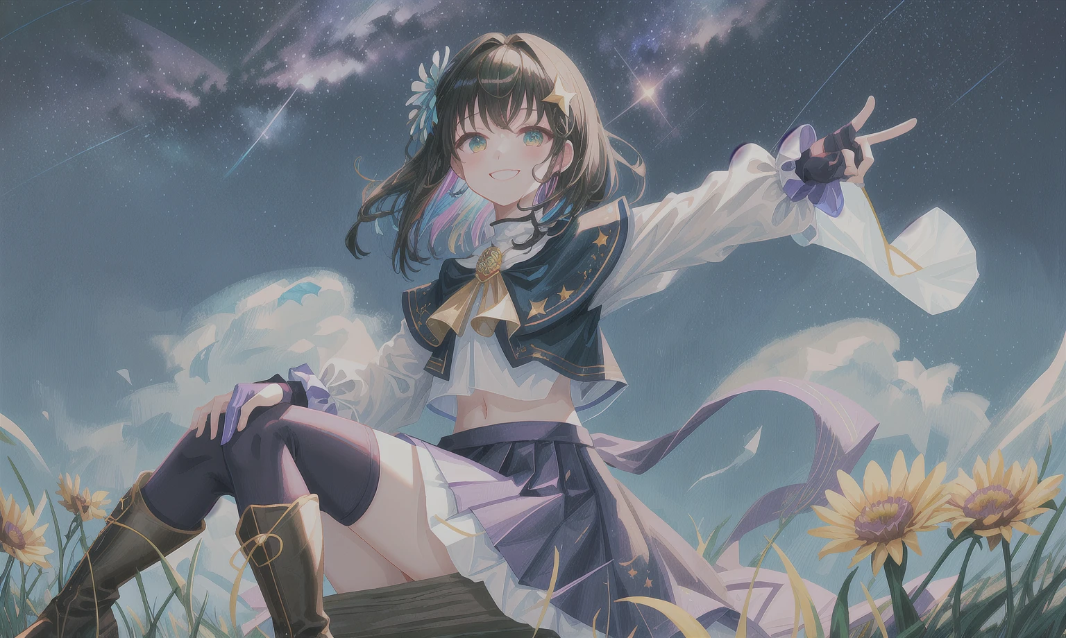 (girl), solo, (perfect face), (detailed outfit), excited, (smiling), (looking up), (sitting on grass hill) black hair, sidelocks, hair between the eyes, bangs, medium hair, (neck-length hair), black eyes, light skin, medium breasts, (light purple shirt, long sleeves, red and teal beaded necklace), (light blue skirt, black thighhighs, black boots), (flower ornament), (wristband), (fingerless gloves), from below, outdoor, (grassy hill), (shooting star), (Milky Way), (flowers), (wildflowers), night, (dark blue starry sky), (bright), (effects), (masterpiece), (best quality), (sharp focus), (depth of field), (high res), (colorful:1.2), vivid, (beautiful lighting), (slight blue tint)