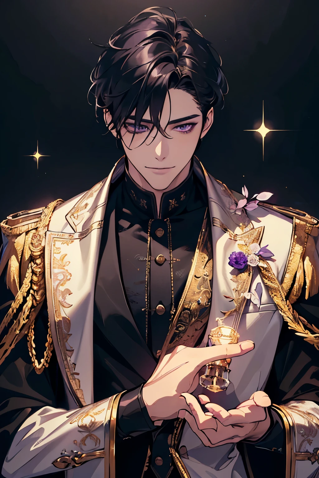 {(best quality, 8k, masterpiece, HDR, soft lighting, perfect image, digital illustration, manhwa art, hyper detailed image, perfect lines, realistic)} 1 very handsome man, short black hair, purple eyes, luxurious clothes (imposing posture, smiling), {(black background with golden sparkles)}