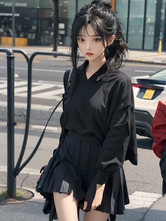 Female idol, dressed in black dancer, long black hair, flat bangs, hair tied in one knot, knee-length black skirt, female idol