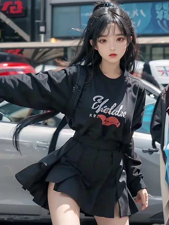 Female idol, dressed in black dancer, long black hair, flat bangs, hair tied in one knot, knee-length black skirt, female idol