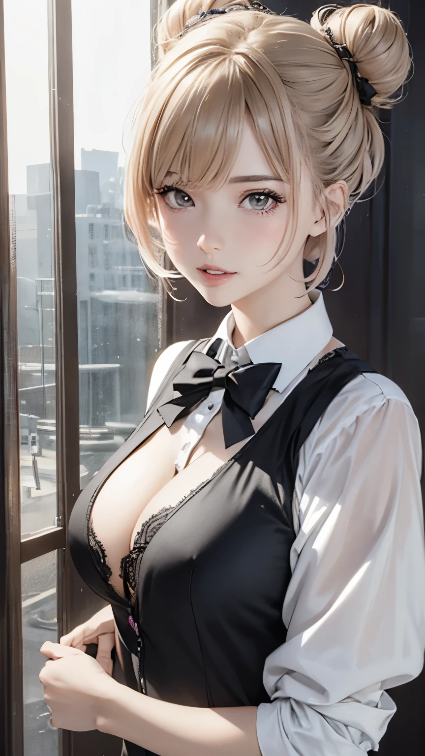 1 girl, mature woman, vest, bow, photograph, realistic, highest quality, hire, detailed face, office, building from the window, detailed background, diffused sunlight, Depth of bounds written, Bokeh,(bun hair,dull bangs:1.3)