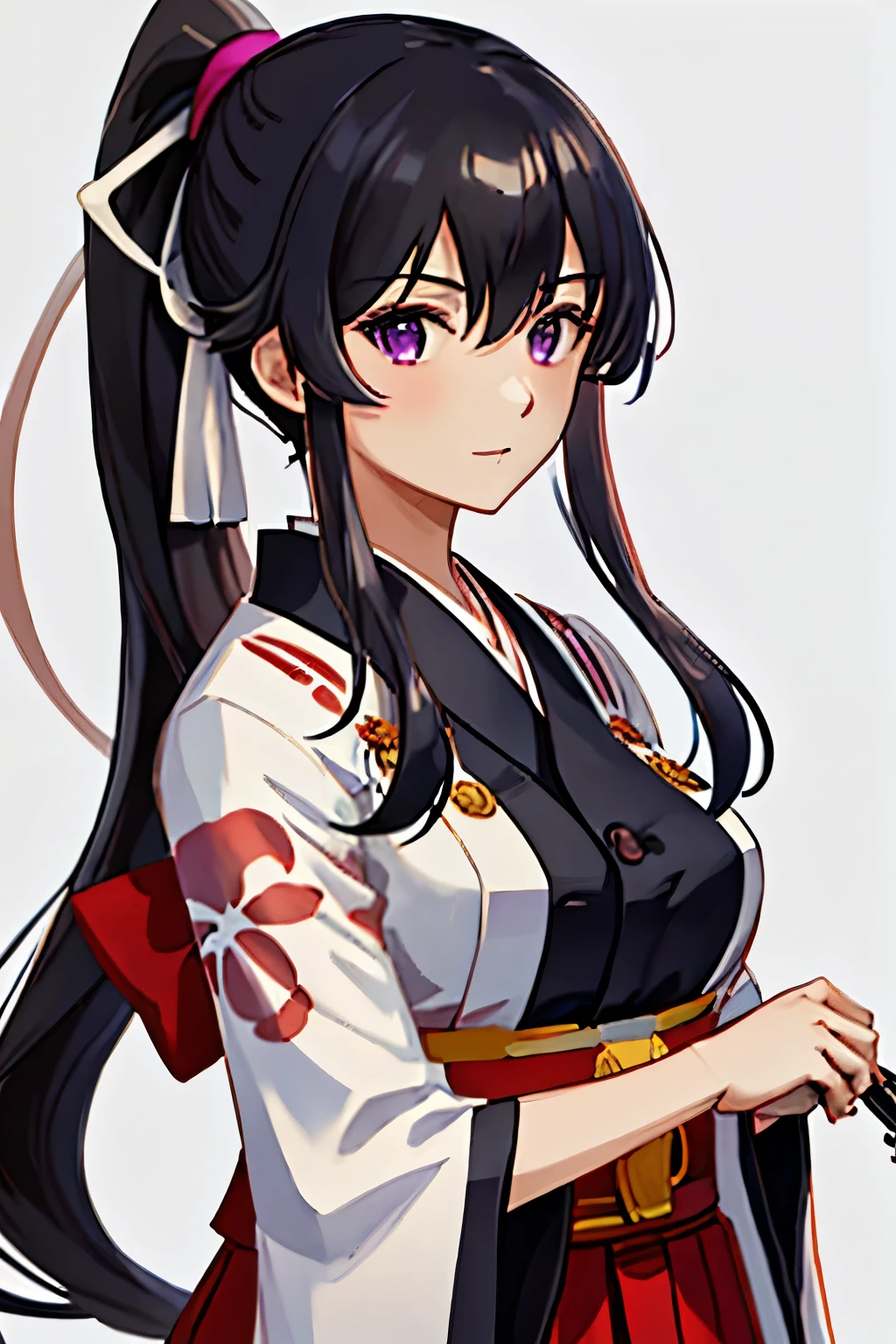 best quality, masterpiece, highres, solo, {white kimono:1.35}, {red hakama:1.35}, {wide sleeves:1.20}, {yahagi_kantaicollection:1.15}, long_hair, black_hair, ponytail, purple_eyes, sidelocks, breasts, hair_between_eyes, large_breasts