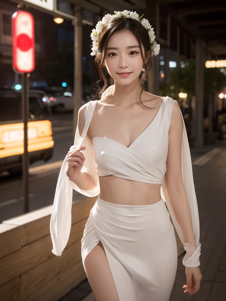 beautiful portrait of a stunning goddess girl,夜景,漫天星光,(装:1.3),(深V:1.8),(脐,1.4),(透明胸衣:1.6),性感,霓虹都市,灯光,Slender white long legs,Smile,Beautiful and delicate face, porcelain skin, full-body shot, center, super soft lighting, symmetry, complex, elegant, Very detailed, lifelike, art station, concept art, Smooth,Stand under the sign and wait for the bus,Fair face,Faint willow eyebrows,