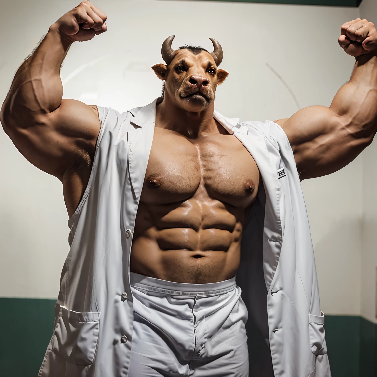 Generate a muscular and furious-looking bull mascot for an Academic Athletic Association. The bull should wear a torn white lab coat, have clenched fists, and be depicted in a 2D style. Use a background that incorporates images related to veterinary medicine.