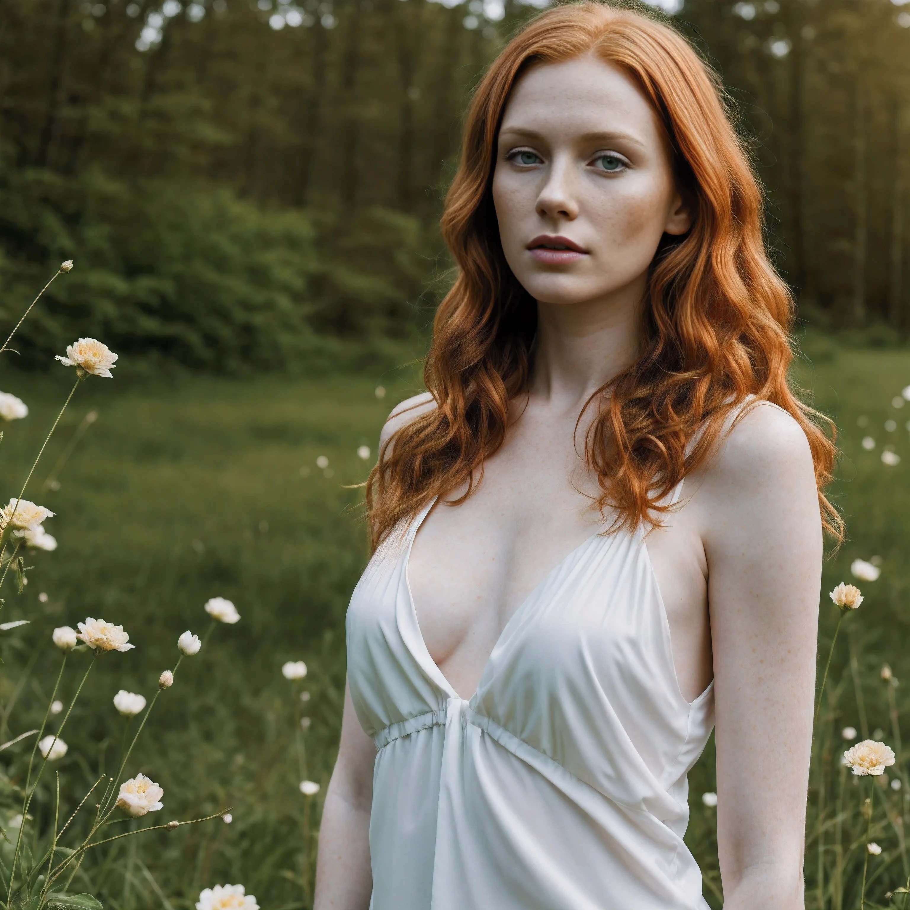 1woman in, age35, Solo, Aesthetic artwork, irish redhead, wavy ginger hair, shoulder length ginger hair, some small freckles, pale skin, small breasts, runners body, fullbody shot, imperfect skin, goosebumps, ager fashion, beautiful nature location, around flower location, (extremely detailed 8k wallpaper), soft lighting, high quality, film grain, Fujifilm XT3 sharp focus, f 5.6, 50mm, High Detail, Sharp focus,(natural light), (seductive), Realistic, ultra realistic, photo realistic, crazy details, complex details, hyper detailed,
