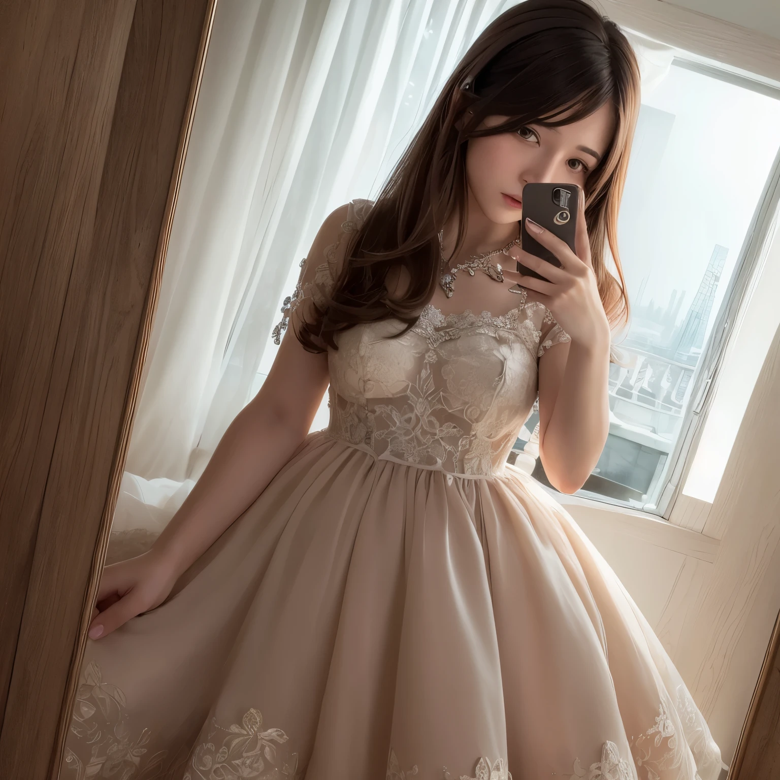 ((masterpiece, highest quality)),(complex lighting),1 girl, Selfie Portrait、Valery Grizzle,dress,