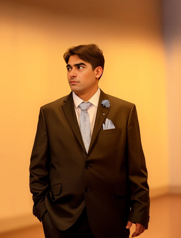 Man in suit and tie standing in a room, Raj Koothrappali como Saul Goodman, mirando a su izquierda, acicalar, mirando a su lado, retrato en plano medio, Foto de primer plano profesional, retrato detallado, looking to the side off camera, Looking away from the camera, alex miranda, Looking away from the camera, foto de perfil