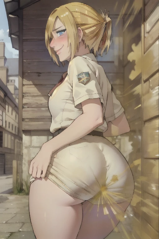 source_anime,score_9,score_8_up,source_anime, BREAK, 1girl,solo,outdoors,public park,park,aot, annie leonhart, attack on titan,public,wearing goth skirt, goth, goth girl,no pants,no panties,looking at viewer,straight hair, free flowing hair, undone hair,medium length hair, skirt lift, ass, back view, smug, Shy, embarrassed, night time, dim light, blonde hair, blue eyes, night