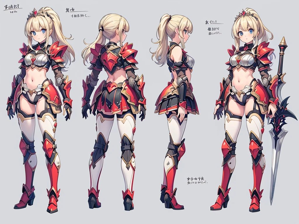 ((three-sided view, front view, side view, back view, multiple views, multiple poses and expressions, many parts)), concept art, character concept art, character sheet, Full body, illustration, (simple background, gray background), 1 character, 1girl, fantasy art, a female knight in metal armor, red_outfit, white_armor,cropped shoulders armor, plate armor, armor dress,gauntlets, Blonde hair,high ponytail,Blue eyes,ruby tiara,cleavage, thighs, thighhighs, weapon