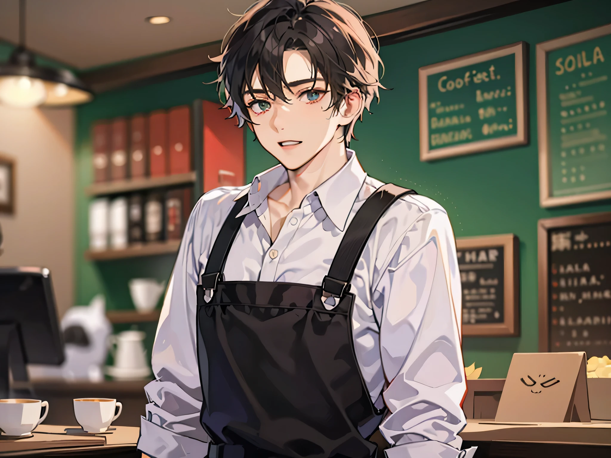 upper body,masterpiece,best quality, (anime man), Cafe clerk, male,solo,shirt,apron,Half-up hairstyle,Eye color brown,coffee shop