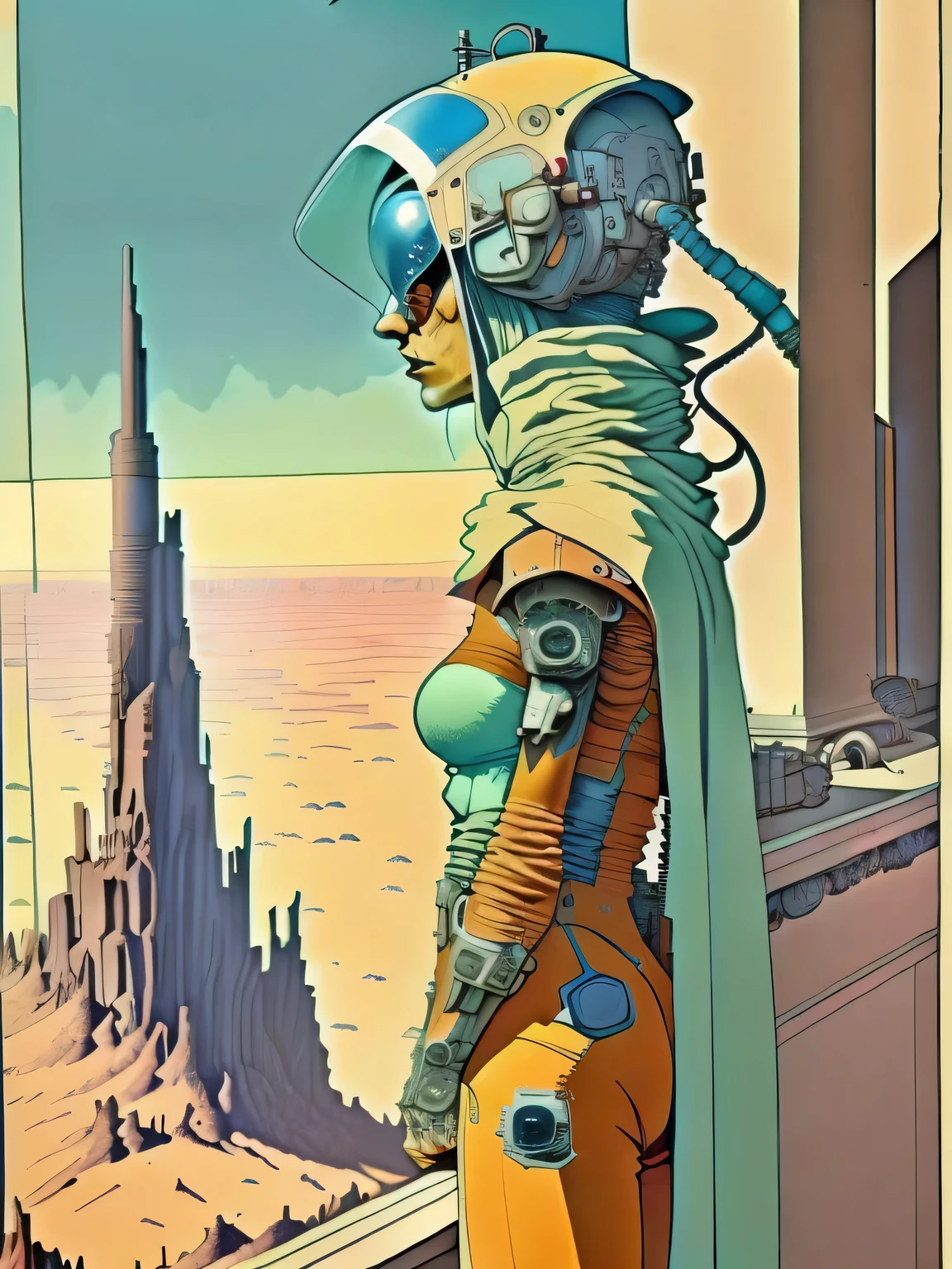 Uma pintura de um ser elfico android, robot, orelhas pontudas, segurando uma bela flor, sentado em um penhasco com uma nave espacial ao fundo por Moebius Jean Giraud