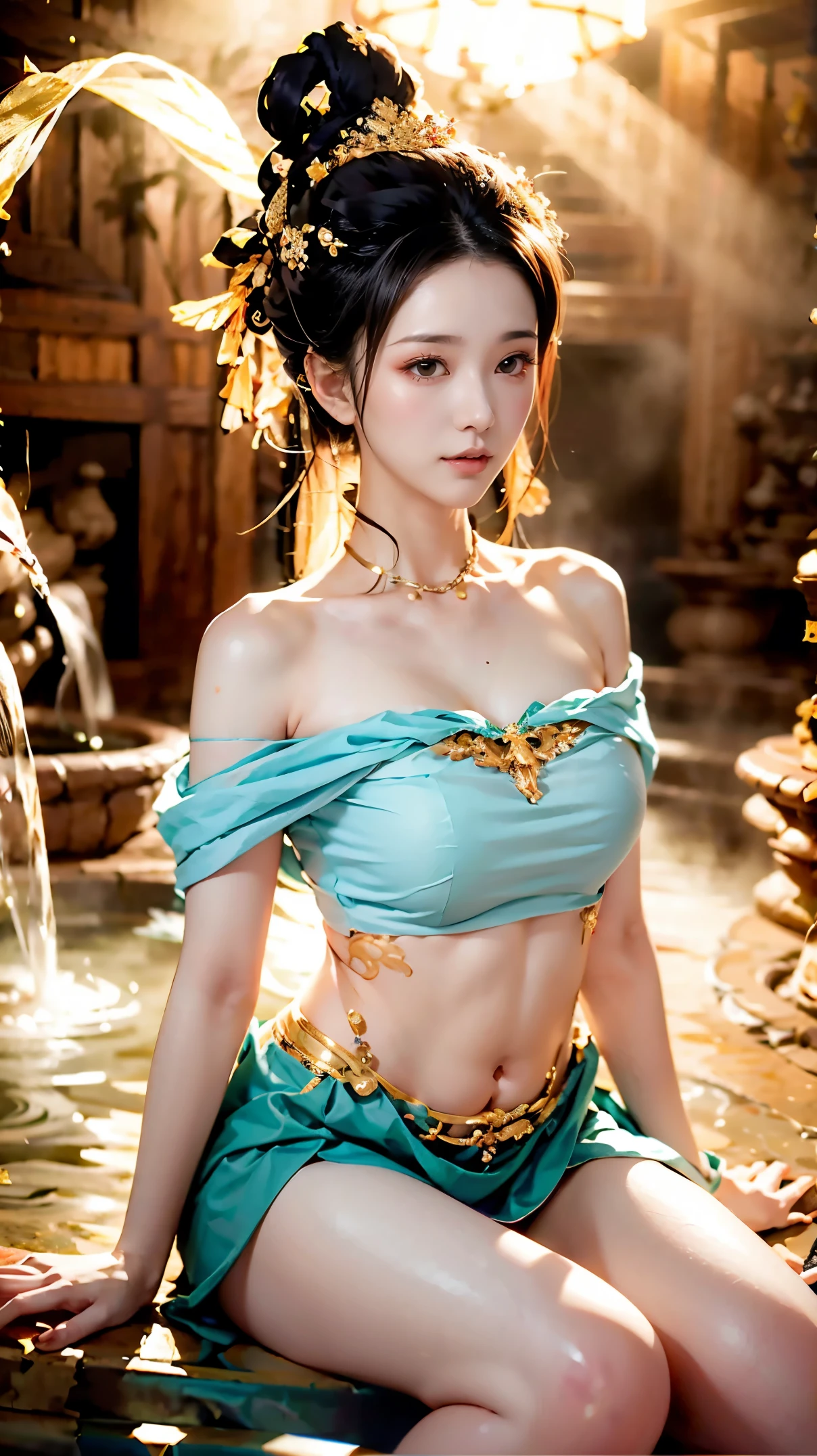 8k,best quality,Work,Very detailed,ultra high definition,feels,beautiful wallpaper,best masterpiece,Tyndall effect,Reality,Highest rendering,extremely beautiful face,ultra high definition晰度,exquisite facial expressions,Detailed description of face,Delicate hair features,look up,hair past shoulders,best quality,extremely high resolution。The heroine is sitting on her knees in the antique hot spring pool,take off shoulders,clavicle,White bellyband,belly button,mini skirt,Slender jade legs,grapefruit model: Character 2, CFG scale: 7, Hire high-end talents: 1.5