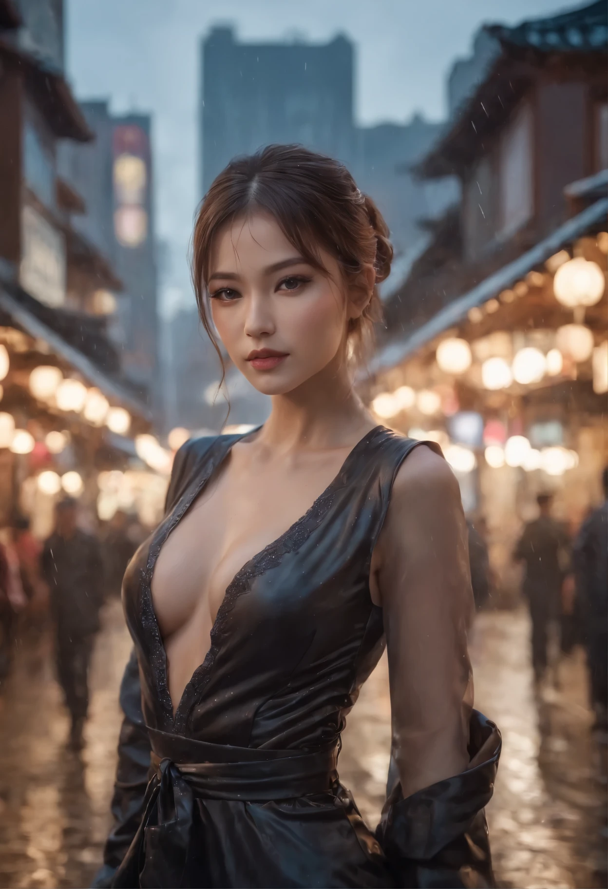 raining night,city,A beautiful woman in gyaru makeup wearing sport suit on the bustling streets of Gintama, surrounded by vendors, beautiful portrait of a stunning goddess girl, beautiful detailed face, porcelain skin, full body shot, centered, ultra soft lighting, symmetry, intricate, elegant, highly detailed, photorealistic, artstation, concept art, smooth, as imagined by greg rutkowski and borris vallejo, cover, vogue style