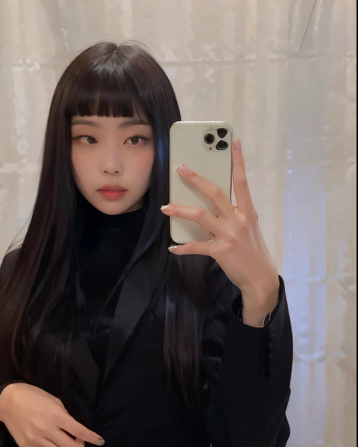 woman taking a selfie with her phone in a black suit, she has black hair with bangs, long hair with full bangs, long hair with bangs, ulzzang, black hime cut hair, hair blackbangs hair, long black hair with bangs, with full bangs, white hime cut hairstyle, neat hair with bangs, with bangs, long straight bangs, the hime cut