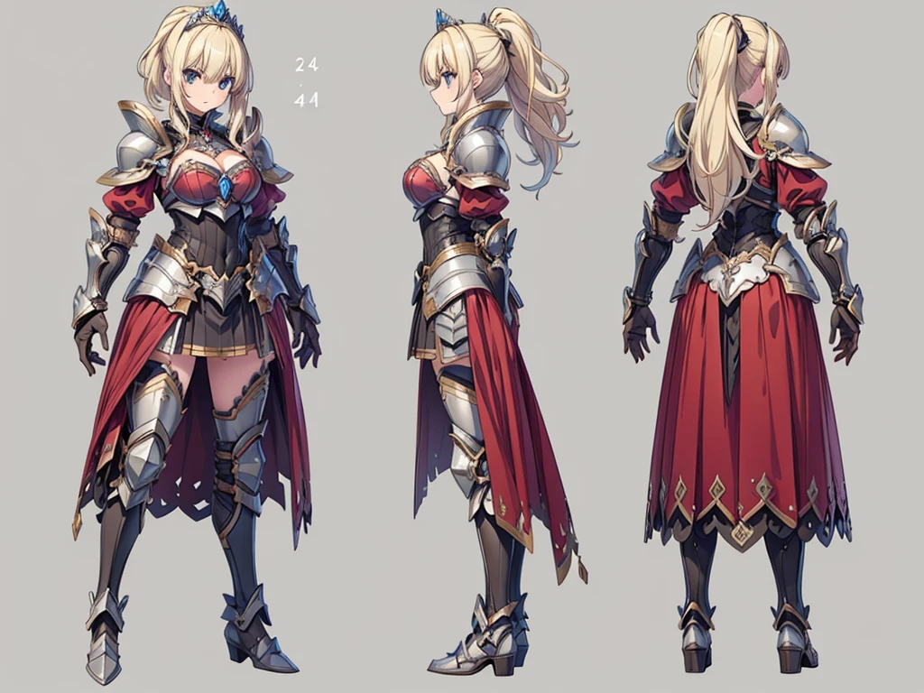 ((three-sided view, front view, side view, back view, multiple views, multiple poses and expressions, many parts)), concept art, character concept art, character sheet, Full body, illustration, (simple background, gray background), 1 character, 1girl, fantasy art, a female knight in metal armor, red_outfit, white_armor,cropped shoulders armor, plate armor, armor dress,gauntlets, Blonde hair,high ponytail,Blue eyes,ruby tiara,cleavage, thighs, thighhighs, weapon