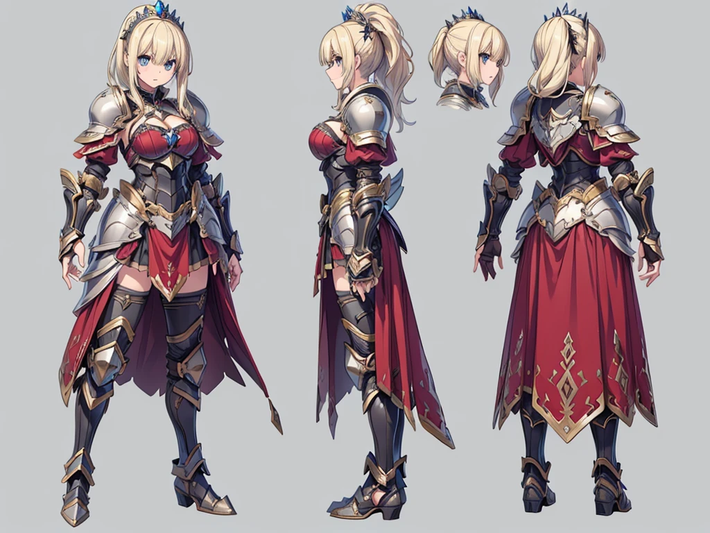 ((three-sided view, front view, side view, back view, multiple views, multiple poses and expressions, many parts)), concept art, character concept art, character sheet, Full body, illustration, (simple background, gray background), 1 character, 1girl, fantasy art, a female knight in metal armor, red_outfit, white_armor,cropped shoulders armor, plate armor, armor dress,gauntlets, Blonde hair,high ponytail,Blue eyes,ruby tiara,cleavage, thighs, thighhighs, weapon