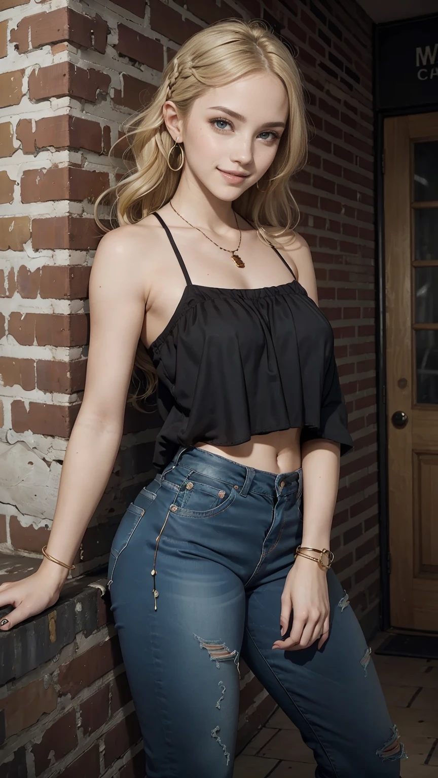 22 year old white female、hair color is blonde、blue eyes、long hair、The ends of the hair are wavy、Decorate your hair with a ribbon、accessories on wrist、wearing a necklace、has earrings、skin is smooth、Slender but muscular body、smile、I'm wearing a one-shoulder top under the bolero.、wearing skinny jeans、smile、I'm in an empty room inside an old brick-walled building.、wearing high heels