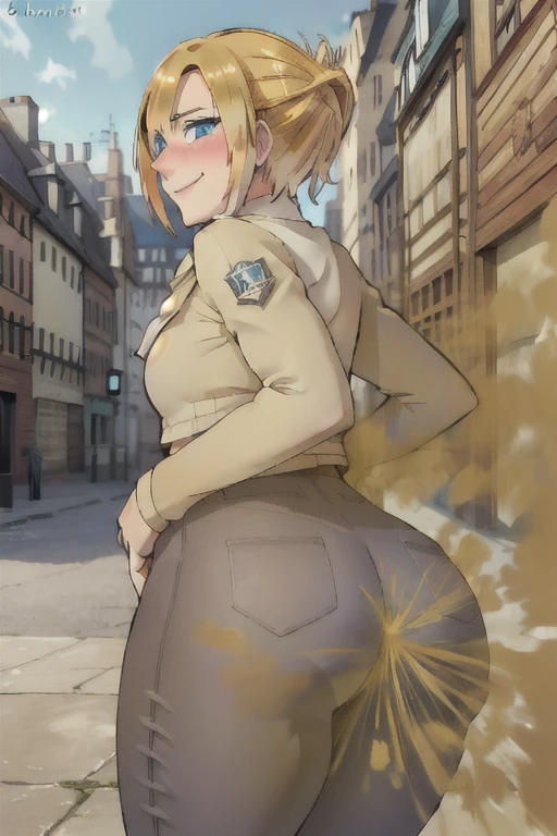 ((annie)),((velocity)),Attacked by farts, (((Women stand)),velocity, blue eyes,detailed eyes),(frowned),her butt facing screen,classic city streets)),((One Woman)),((girl wear a scout regiment outfit wear long pants),((A girl smells a fart and smiled shyly )),((fart while stand)),((blushing)),(masterpiece:1.2、top-quality)、(the Extremely Detailed CG Unity 8K Wallpapers、ultra-detailliert、Best Shadows)、(细致背景)、(The best lighting、extremely delicate and beautiful)、depth of fields、1girl in、独奏 ,Women,((((Girl is embarassed when she farting)))),(profile facing diagonally)))),((massive fart))
