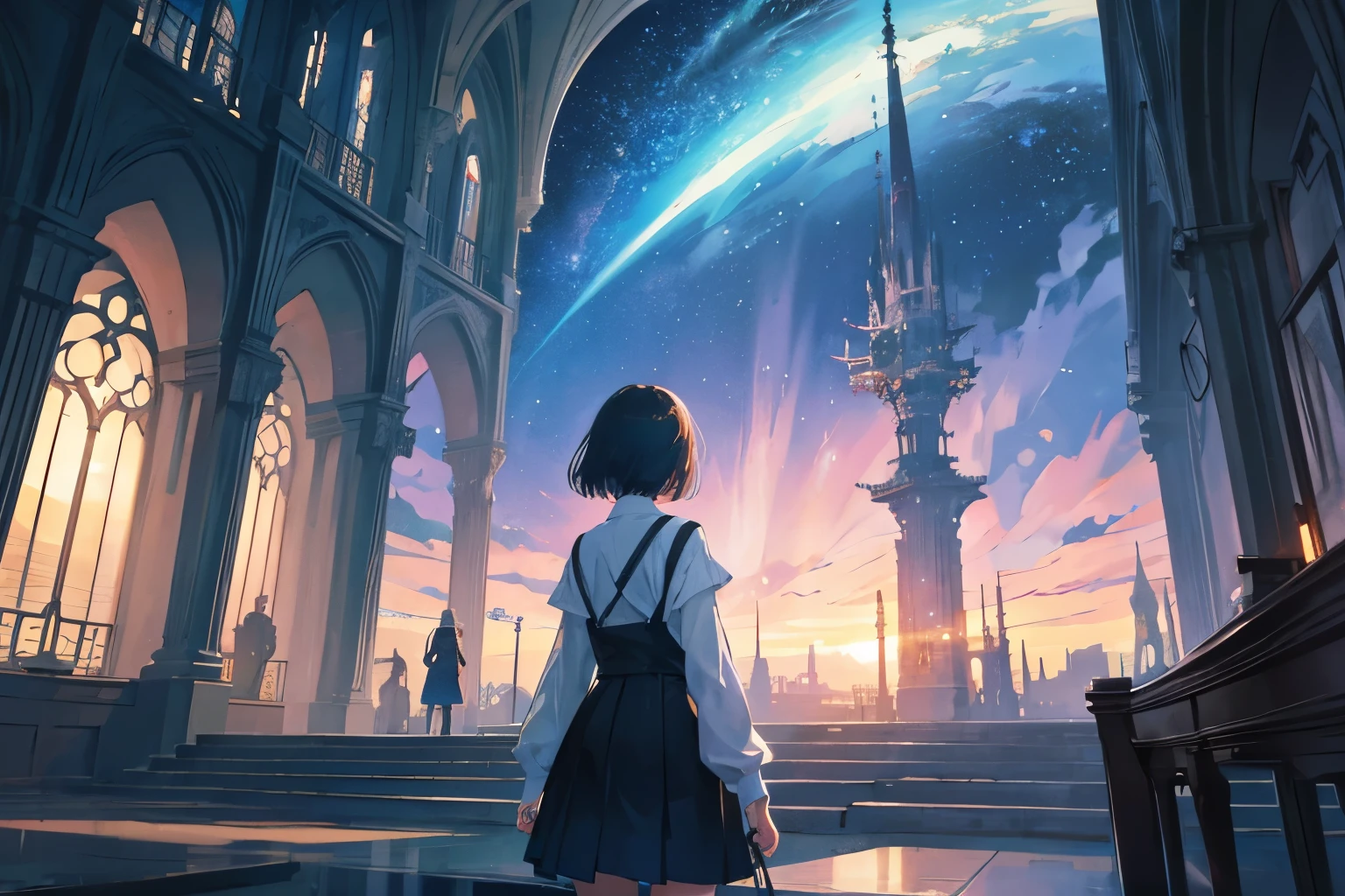 Create exquisite illustrations reminiscent of Makoto Shinkai's style, It has ultra-fine details and top-notch quality. Generate a high-quality illustration of a library existing in a fantastical cosmic space, where a wandering girl is exploring. Craft a masterpiece with meticulous attention to detail, capturing the overall nostalgic and fantastical ambiance of the scene. Highlight the sense of awe and curiosity as the young girl explores the intricacies of this otherworldly library. Aim for the best possible quality, delivering a visually captivating and emotionally resonant composition best quality, masterpiece
