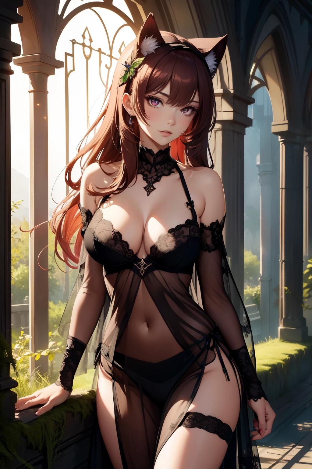 (best quality, 4k, 8k, highres, masterpiece:1.2), ultra-detailed, detailed face, detailed lips and eyes, expressive face, realistic, BREAK Tanin-the-succubus beautiful caucasian woman with straight short red hair, red eyes, attractive appearance, detailed face, detailed lips and eyes, goat horns, expressive face, voluptuous, bangs, hair between eyes, BREAK 1girl, succubus, bat wings,
BREAK
Garden Fantasy Femme Fatale,
Begin with a stunning Peek-a-Boo Bra lingerie set featuring floral lace and intricate details for a seductive touch,
BREAK
Pair the bra with high-waisted lace panties adorned with floral patterns, adding to the enchanting allure,
BREAK
Opt for a sheer, flowy mesh skirt with floral and butterfly appliques, creating a dreamy and ethereal effect,
BREAK
Embrace the nekomimi cat girl theme with a headband featuring cat ears and a matching choker, introducing a playful element,
BREAK
Complete the look with strappy heels adorned with floral embellishments, adding a touch of sophistication to the ensemble,
BREAK
outdoors, medieval fantasy, forest, full moon in firmament, walking confidently, sword ready by side, night creatures in background and around, long flowing hair, glowing moonlight casting shadows, ancient trees towering high, ivy and moss covering tree trunks, mist hovering over forest floor, sparkling eyes reflecting moonlight, ornate sword hilt with gemstones, subtle (smirk) expression of determination, nocturnal flowers blooming, subtle glimmer of fireflies, distant outline of medieval castle, moonlit path through woods